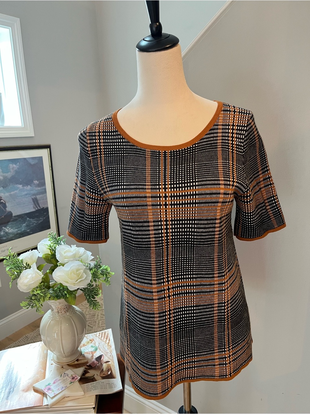 ANN TAYLOR Top Plaid Sweater Pullover Short Sleeve Cognac/Amber Size MEDIUM